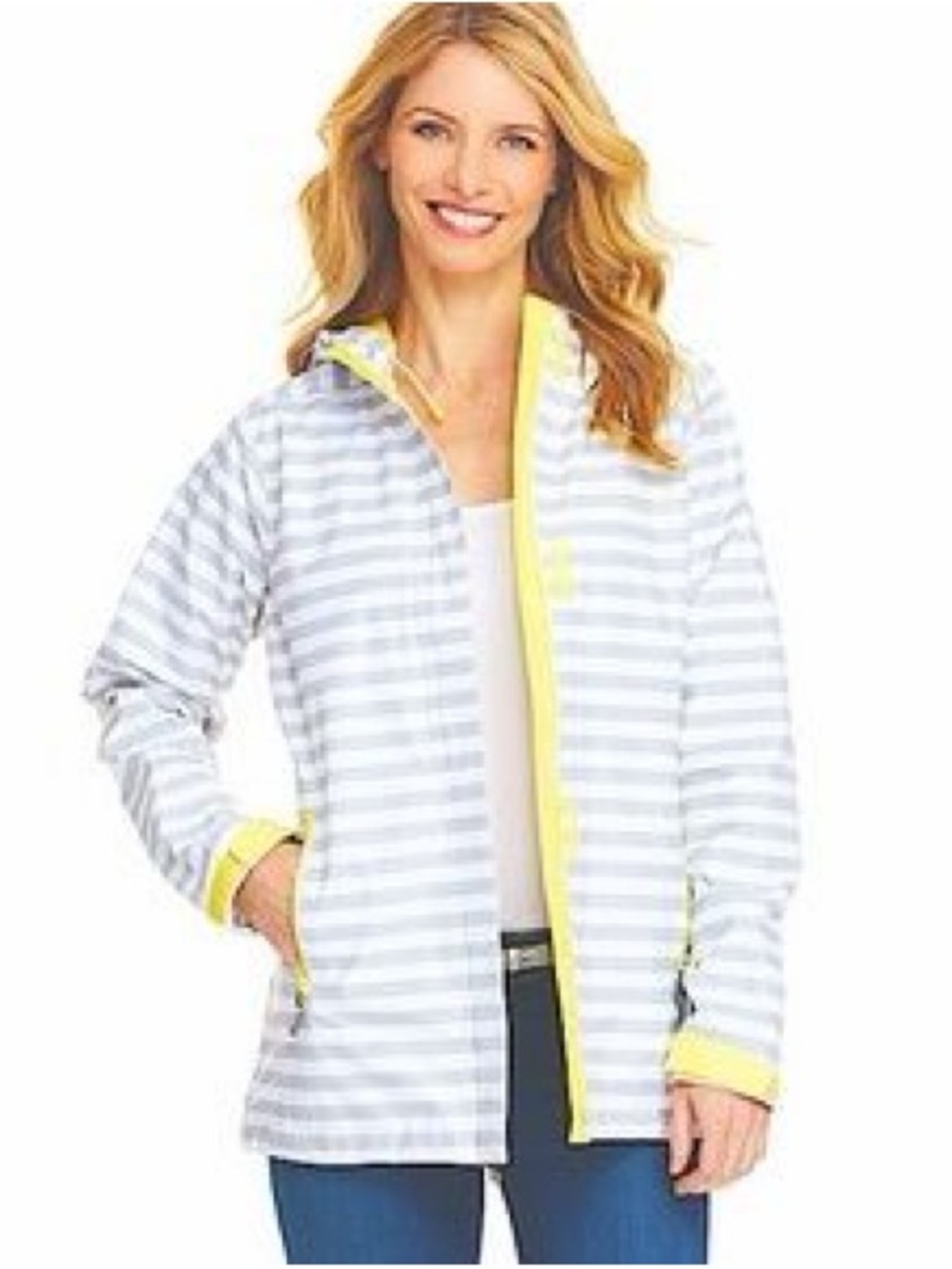 Vineyard Vines gray and white striped Stow & Go rain jacket